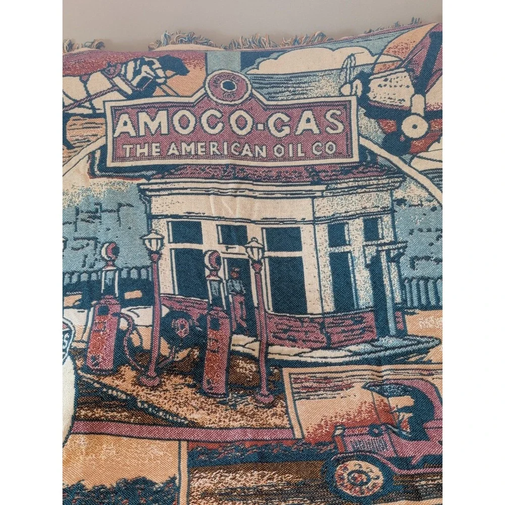 Vintage Amoco Gas Station Tapestry Fringe Throw Blanket American Oil Co Woven
